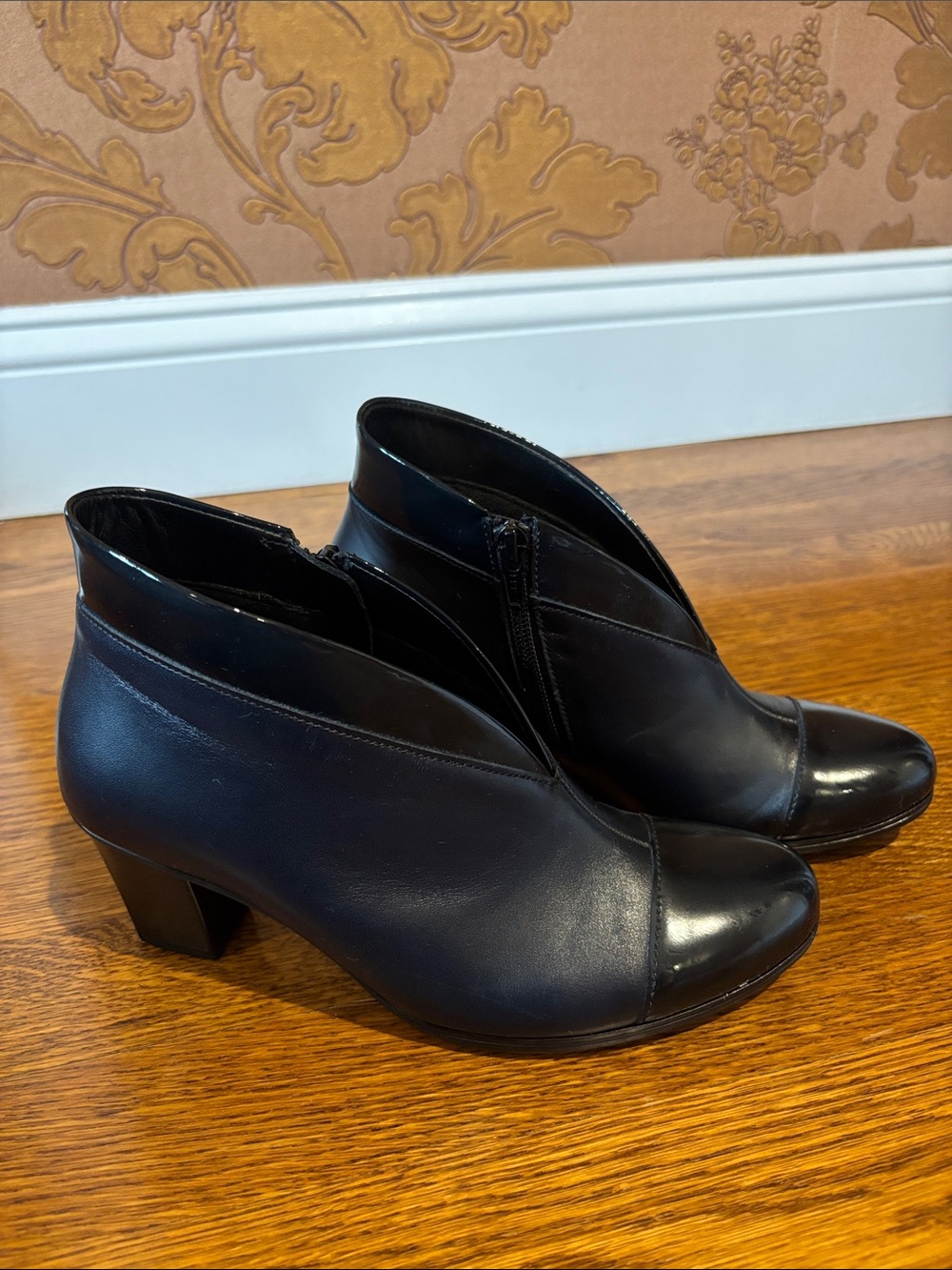 Gabor Black Leather Ankle Booties with Low Block Heel